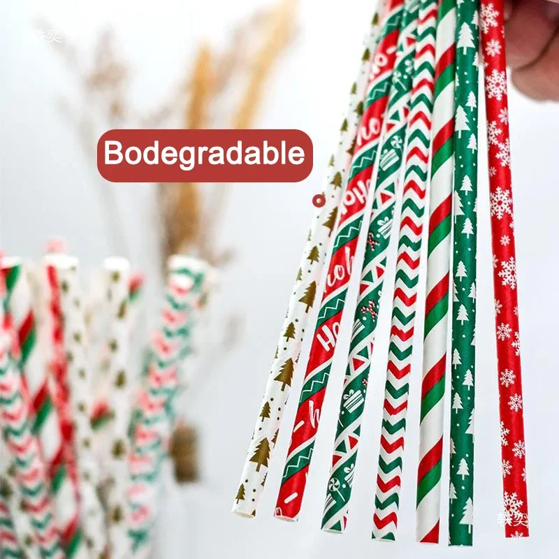 25PCS Christmas Kraft Paper Straw Disposable Colorful Print Straws Halloween New Year Party Decoration Home Table Decor Supplies