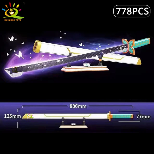 HUIQIBAO Samurai Nichirin Sword Building Blocks Rengoku Blade Katana Demon Slayer Anime Butterfly Knife Weapon Bricks Child Toys 5