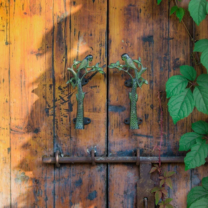 

Brass Handmade Indoor Outdoor Woden Glass Door Handles for Interior Doors Barn Door Handles Branch Parrot