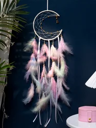 Handcrafted Moon Dream Catcher Feather Wind Chimes - Artistic Wall Hanging Ornament for Home Décor and Gifts (Macaron(No Light))