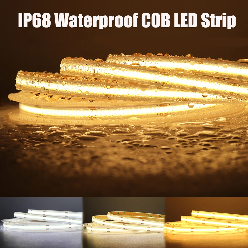 12V COB LED Strip IP68 Waterproof Flexible Ribbon Light 24V Kitchen Cabinets LED Tape Lamp for Sauna Swimming Pool Outdoor Light