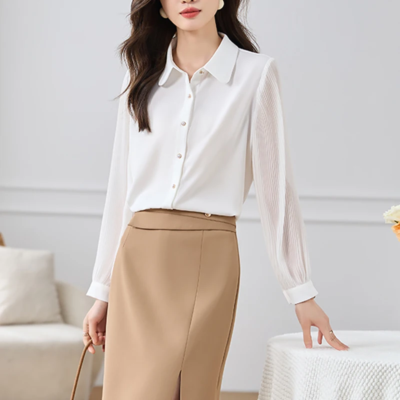 

Элегантная новая Офисная Женская белая рубашка, модная шифоновая блузка с рукавами-фонариками, повседневная женская одежда на пуговицах с длинным рукавом, блузы 29323