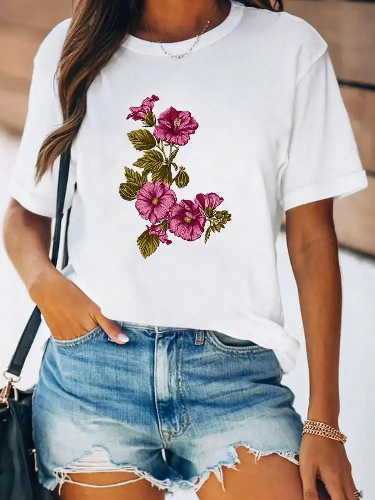 Women Spring Fashion Summer Female Tee Shirt Print Clothes Lady Short Sleeve Flower Lovely Floral Trend 90s Graphic T-shirt
