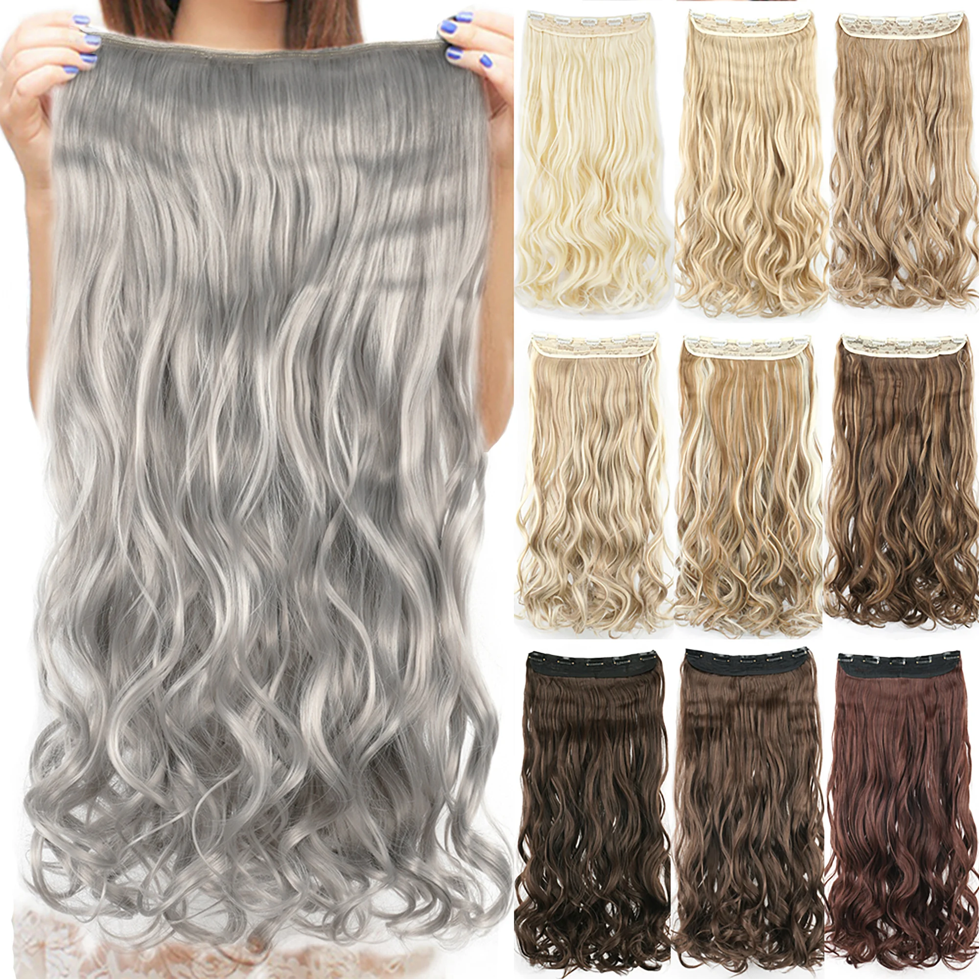 28'' 160g Capelli sintetici lunghi spessi ondulati grigi Clip in estensioni per capelli Un pezzo Capelli sintetici Clip in estensioni per donne_voghion.com