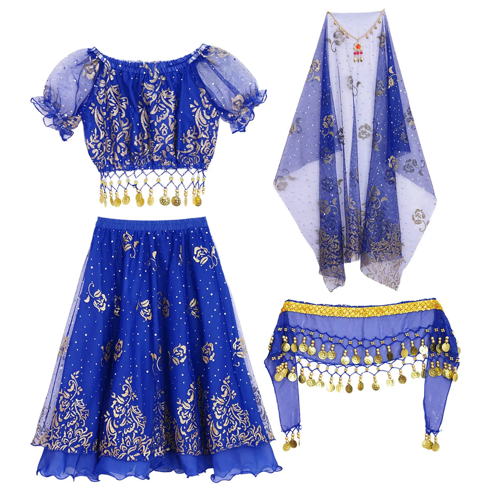 Kids Girls Oriental Indian Belly Dance Suit Bellywood Costume Puff Sleeve Crop Top with Skirt Waist Chain Headscarf And Headwear