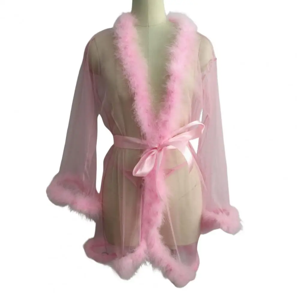 Mesh Detail Sleep Dress Elegant Mesh Ruffle Nightgown with Adjustable Waist Tie Sexy Plush Trim Sleepwear for Women Pleated