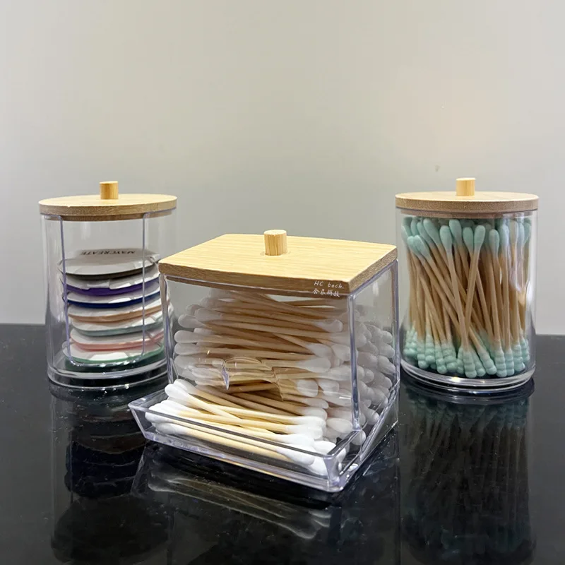 Makeup Bamboo Cotton Swab Storage Box with Lid Small Earpick Dispenser Clear Transparent for Toothpicks for Cotton 6