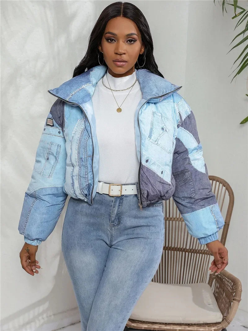 New 2023 Women Winter Denim 3D Print Zipper Puff Crop Jacket