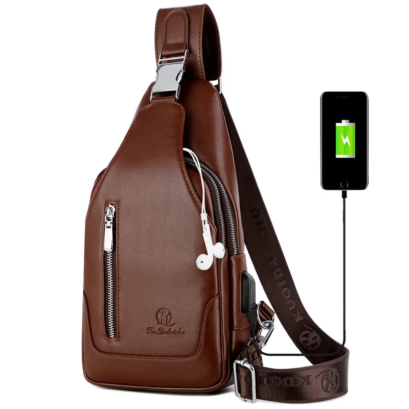 

Fashion USB Charging Men's Chest Bag Vintage PU Leather Shoulder Bag Multifunction Crossbody Bags Male Waterproof Sling Bag