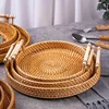 Round Rattan Serving Tray with Handles Coffee Table Decorative Tray Hand Woven Serving Basket Double Ear Bread Fruit Picnic Tray 1