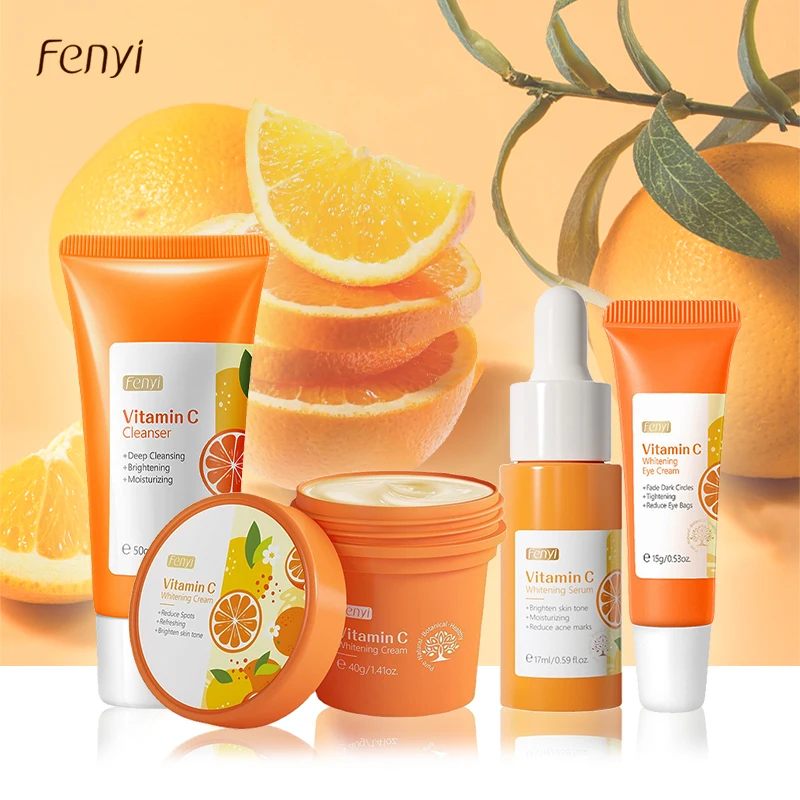 

4pcs/Set Vitamin C Facial Whitening Care Set Face Cleanser Fade Dark Circles Eye Cream Essence Lighten Spots VC Brightening Care