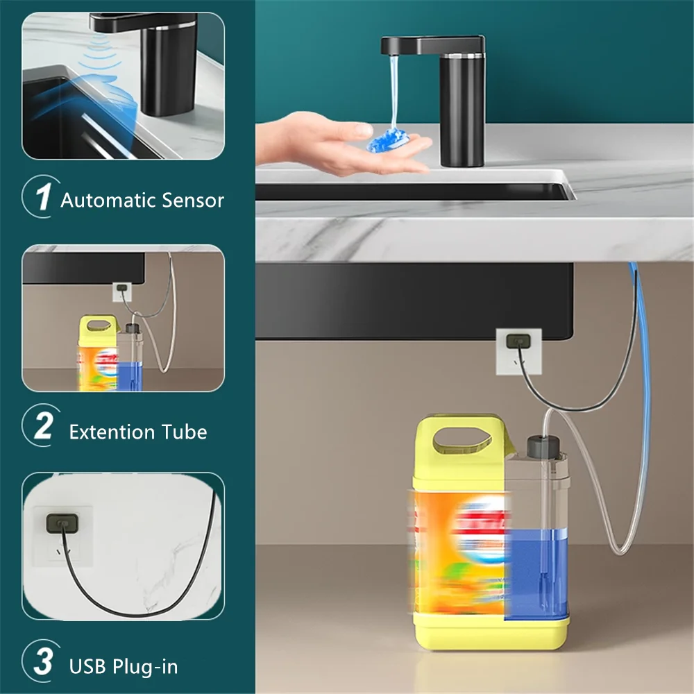 Distributeur gel hydroalcoolique infrarouge installé sur un mur, mains sous le capteur.