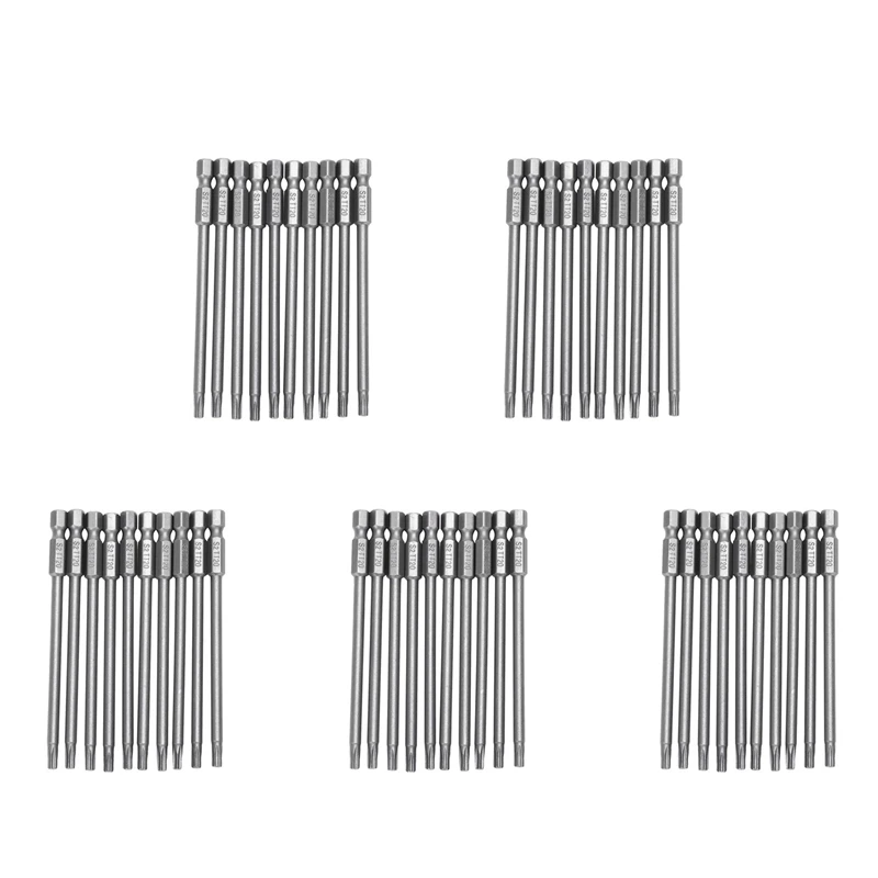 50Pcs 100Mm Length 1/4 Inch Hex Shank T20 Torx Security Screwdriver Bits, Silver Gray