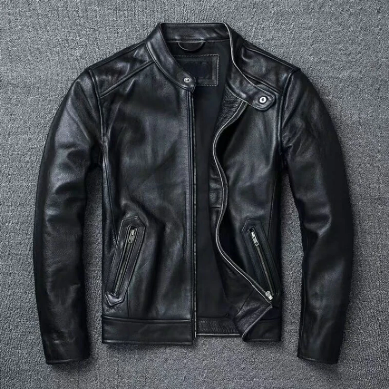 Men Leather Jacket Calf Skin Leather Coat