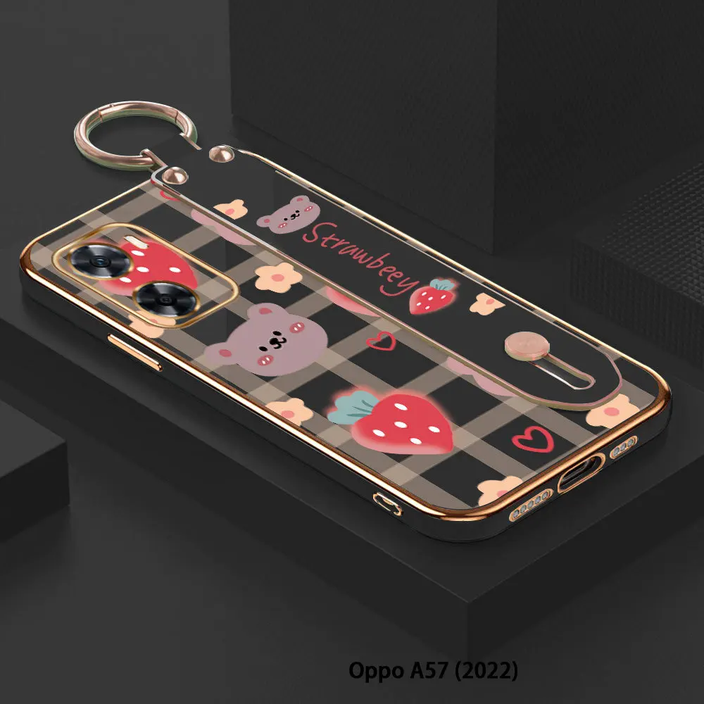 

(With Wristband) For OPPO A57 A77 4G 5G A57e A57s A77s A17 A17K Strawberry Back Cover Case Luxury Plating TPU Phone Cases
