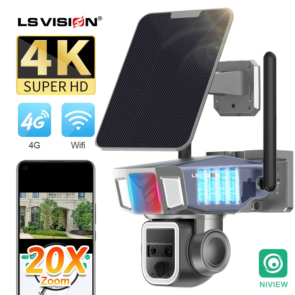 

LS VISION 8MP 20X Zoom Solar Security Camera Wireless Outdoor 4G/WiFi PTZ Dual Lens Human Auto Tracking P2P Survelliance Cameras