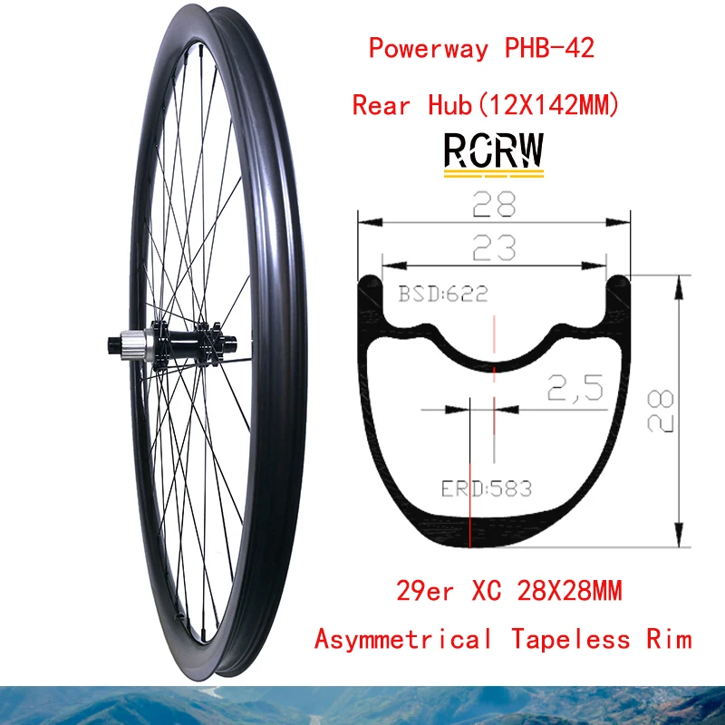 

29er MTB XC 28X28 Rear Carbon Wheel Rim Asymmetric Tapeless Wide 28 Deep 28 Powerway PHB-42 Hub 28Holes Pillar Wing20 Spokes