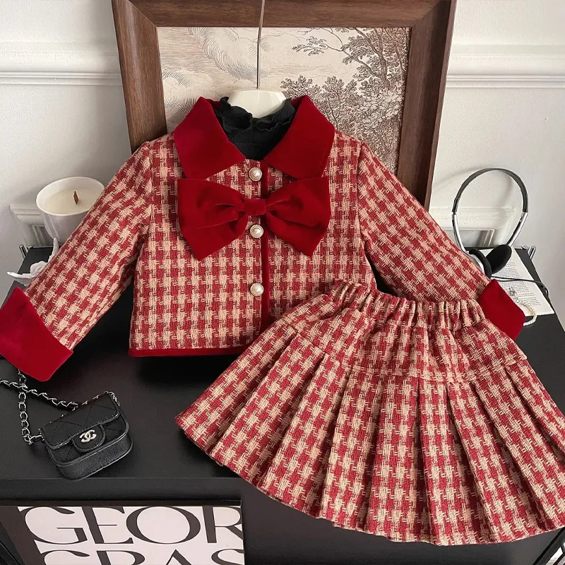 

Late Autumn Girls 2 Pcs Set Toddler Coat + Skirt Kids Suit Baby Warm Clothes Children Fashion Cotton Padded Red Check 2-7Y