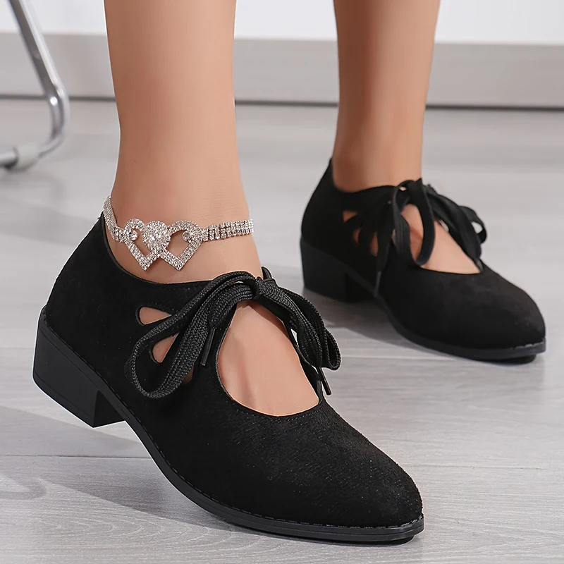 Lucyever Vintage Lace Up Thick Heels Pumps Women Shoes 2025 Spring Pointed Toe Mary Jane Shoes Woman Plus Size Faux Suede Pumps 4