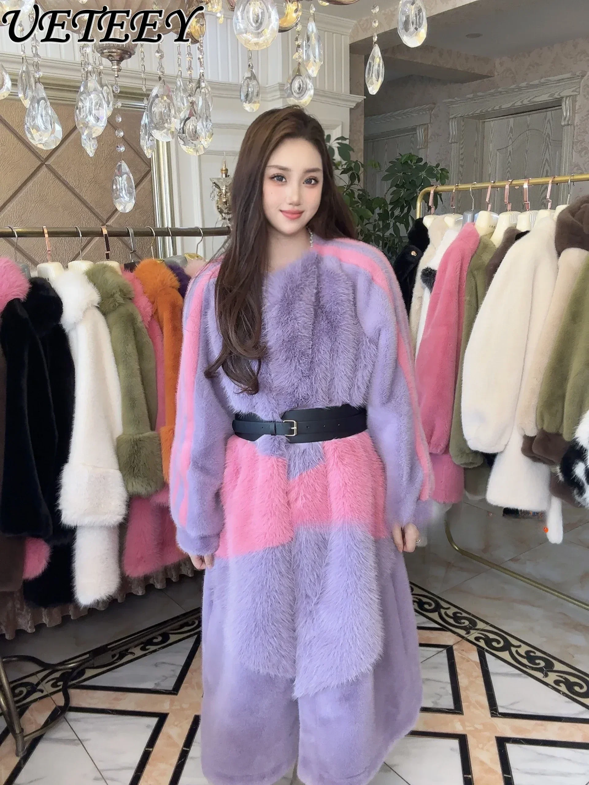 

New Women's European Mink Toka Fur Winter Fur Thickened Clothes Western Style Warm Boutique Faux Fur Long Coat with Belt