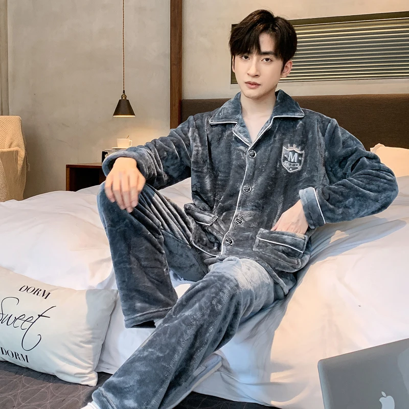 

Winter Coral Velvet Buttons Cardigan Sleepwear Suit Long Sleeve Thick Warm Flannel Pajama Sets for Men Pyjamas Homewear Clothes