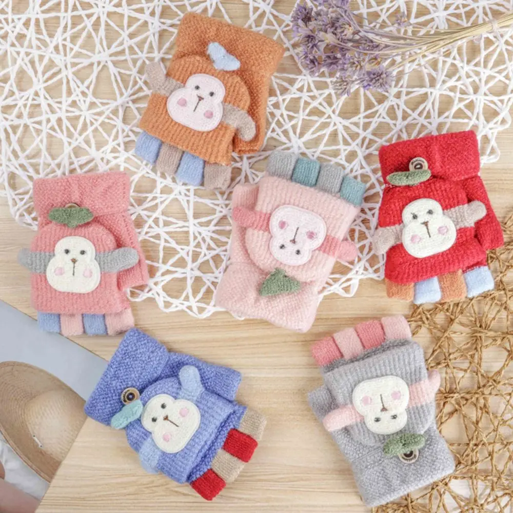 Cartoon Design Student Cold protection Kids Fingerless  Gloves Winter Warm Mittens Clamshell Half Finger Gloves Knitted Gloves