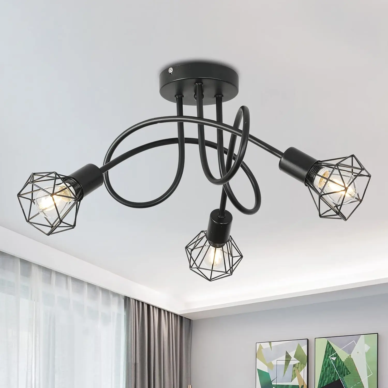 

Industrial 3 Way Ceiling Light Chandelier E14 Black Metal 3 Lights Ceiling Light Fixture for Bedroom Living Dining Room Hallway