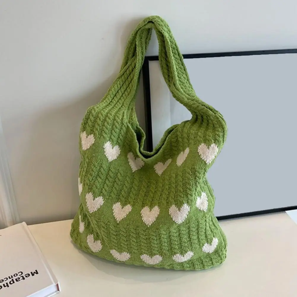 Knitted Heart Pattern Bag Stylish Knitted Women's Shoulder Bag Spacious Tote with Wide Straps Heat Pattern Lightweight Design