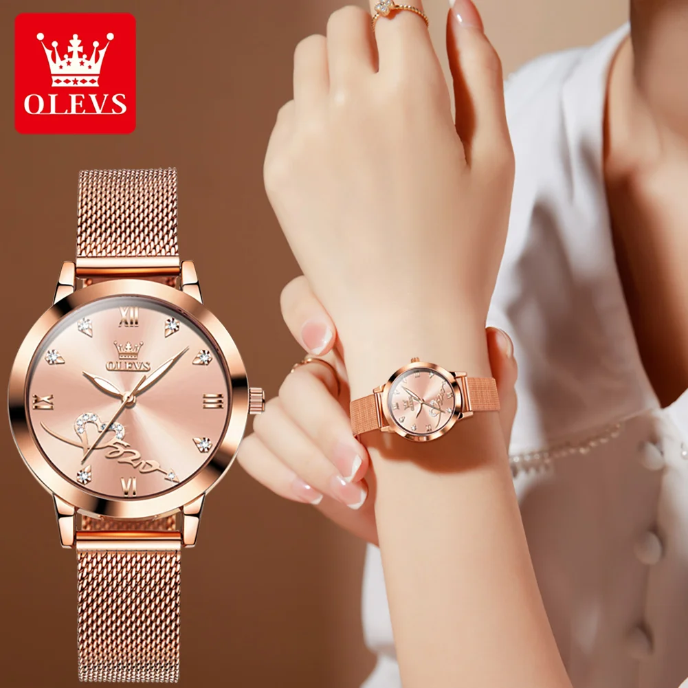 OLEVS Brand Fashion Quartz Watch for Women Rose Gold Stainless Steel Mesh Strap Luxury Diamond Womens Watches Relogio Feminino
