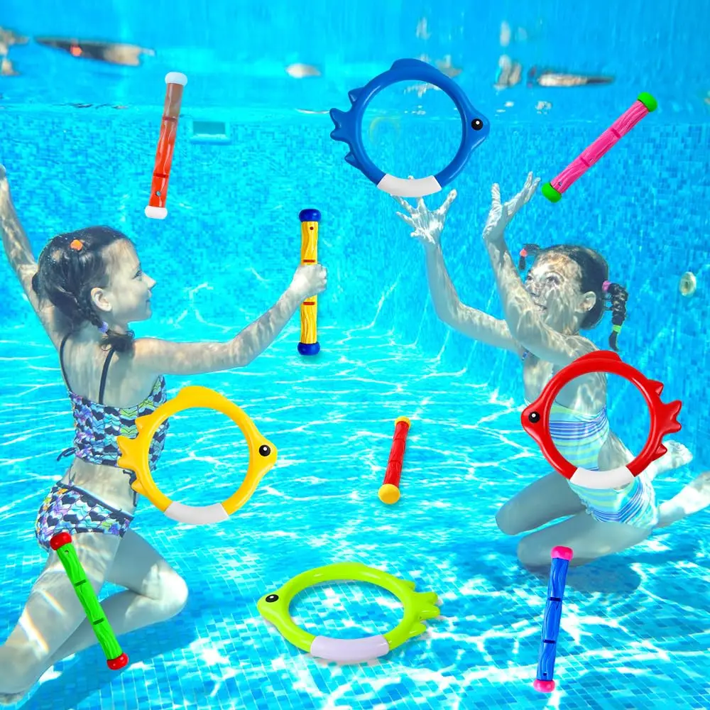 10pcs Pool Diving Swim Toys Colorful Underwater Training Sinking Throwing Dive Rings Sticks for Kids Summer Pool Swimming Party