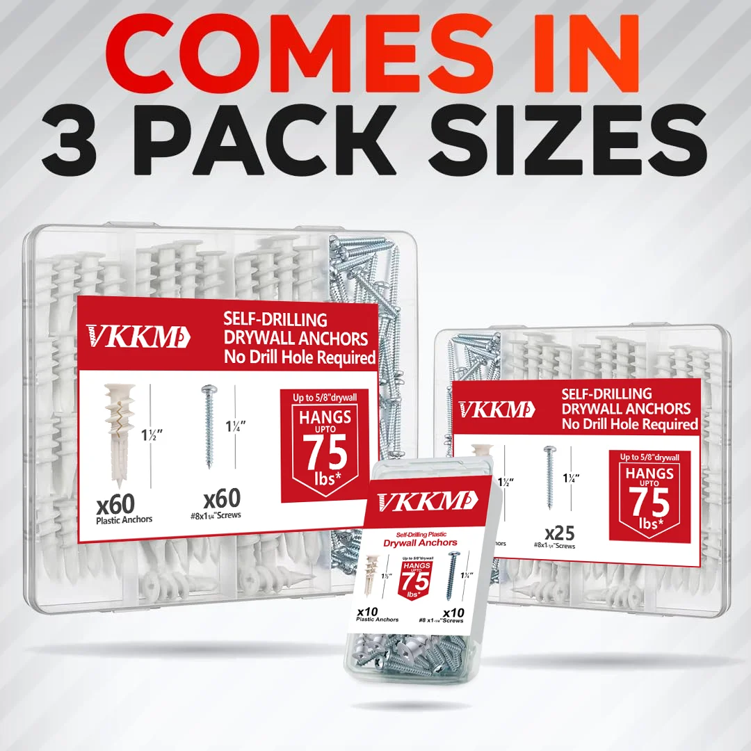 VKKM 20-Piece Self-Drilling Drywall Anchor and Screw Kit #8 x 1-1/4 Inches (Approx. 20.3 x 3.2 cm)-Drywall Screws and Anchors