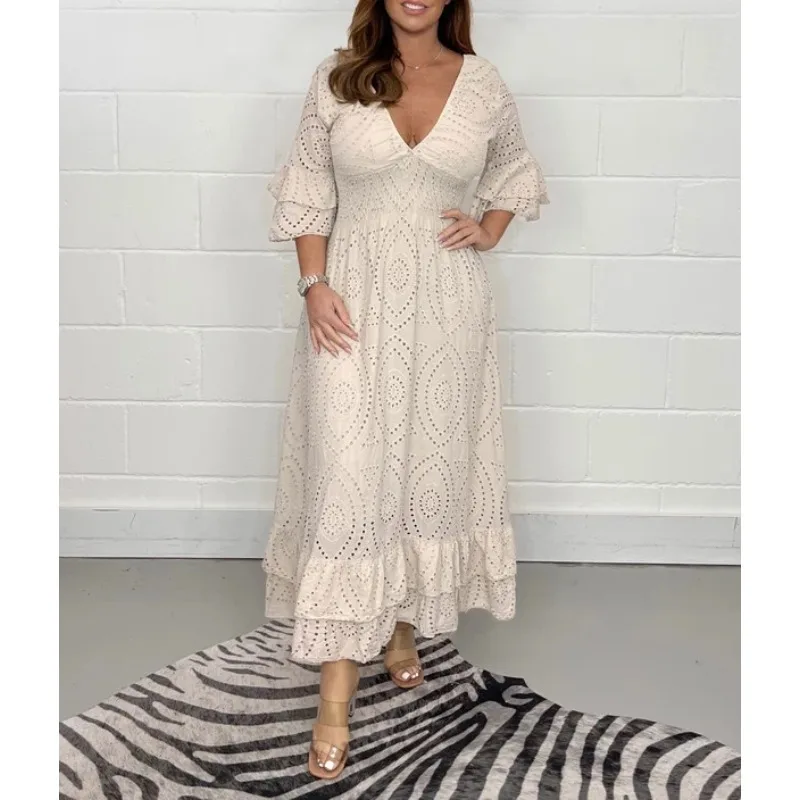

Embroidery Openwork Shoulder Dress Women's Loose High Waist Solid Dresses for Summer Elegant Party Dresses for Women 2023 New