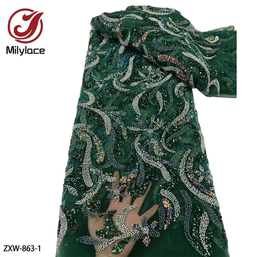 

Luxury French Beaded Tulle Lace Fabric High Quality African Net Lace Fabrics with Sequins for Evening Dress ZXW-863