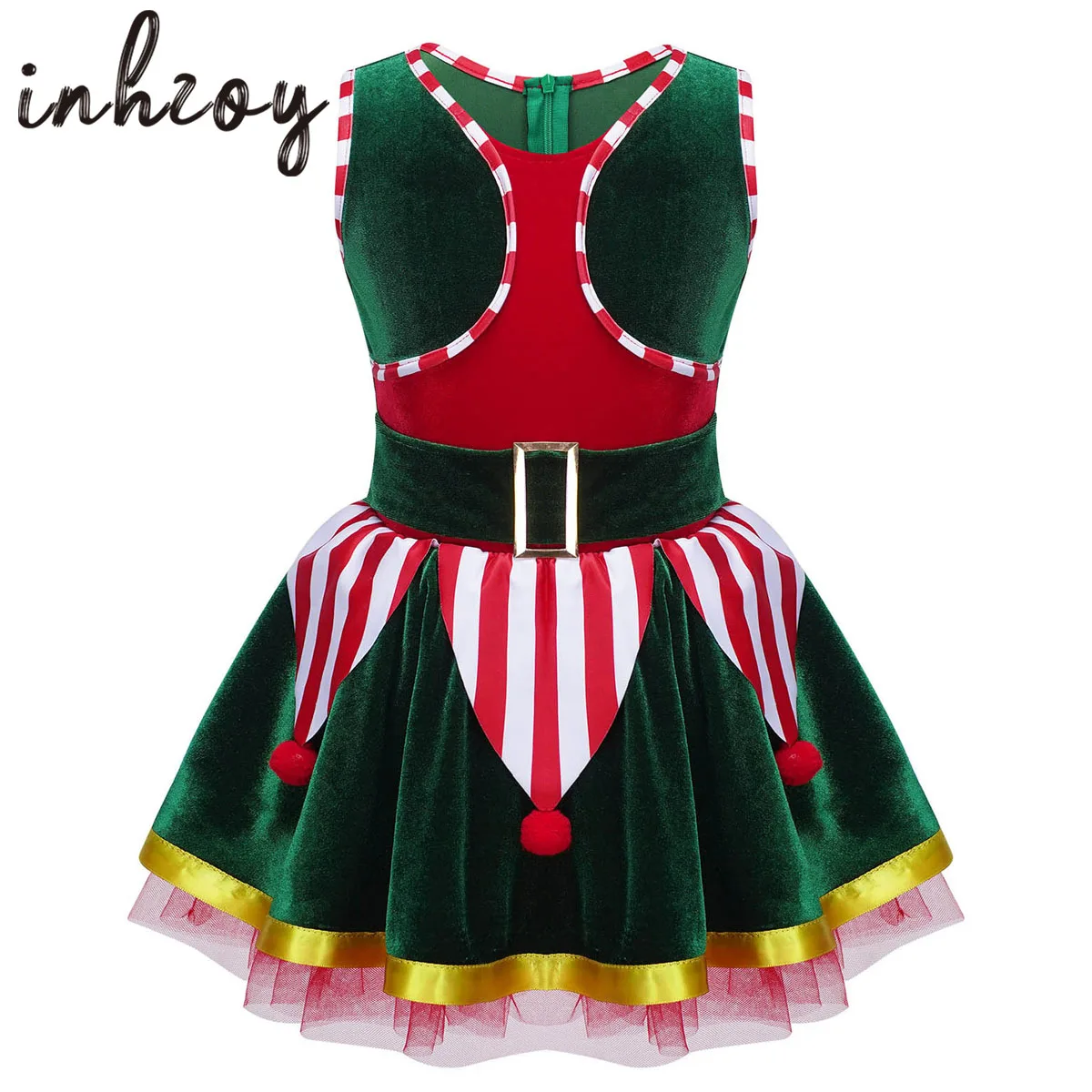 

Kids Girls Elf Christmas Dress Stripes Velvet Carnival Festival Santa Cosplay Leotard Tutu Costume for Theme Party Performance