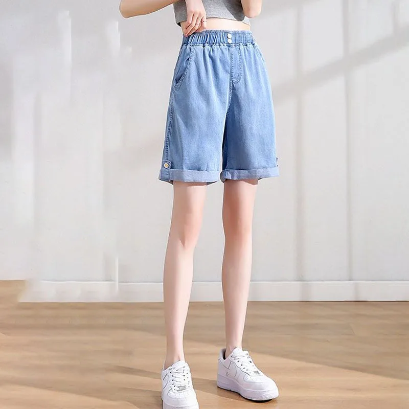 Casual All-match Female Wide Leg Denim Knee Pants Summer Women's Clothing Loose Fashion Button Spliced Elastic Waist Shorts