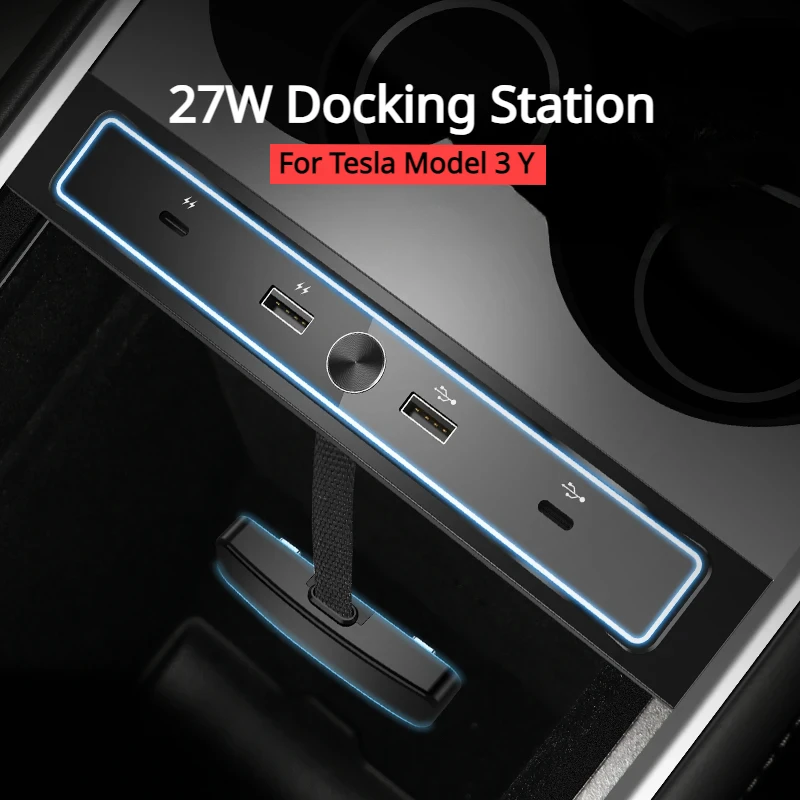 2 in 4 for Tesla Model 3 Y Docking Station Extension Converter Car Intelligent USB Hub Center Console Adapter Quick Charger 27W car center control docking station for tesla model 3 y usb shunt hub intelligent docking station adapter quick charging car part