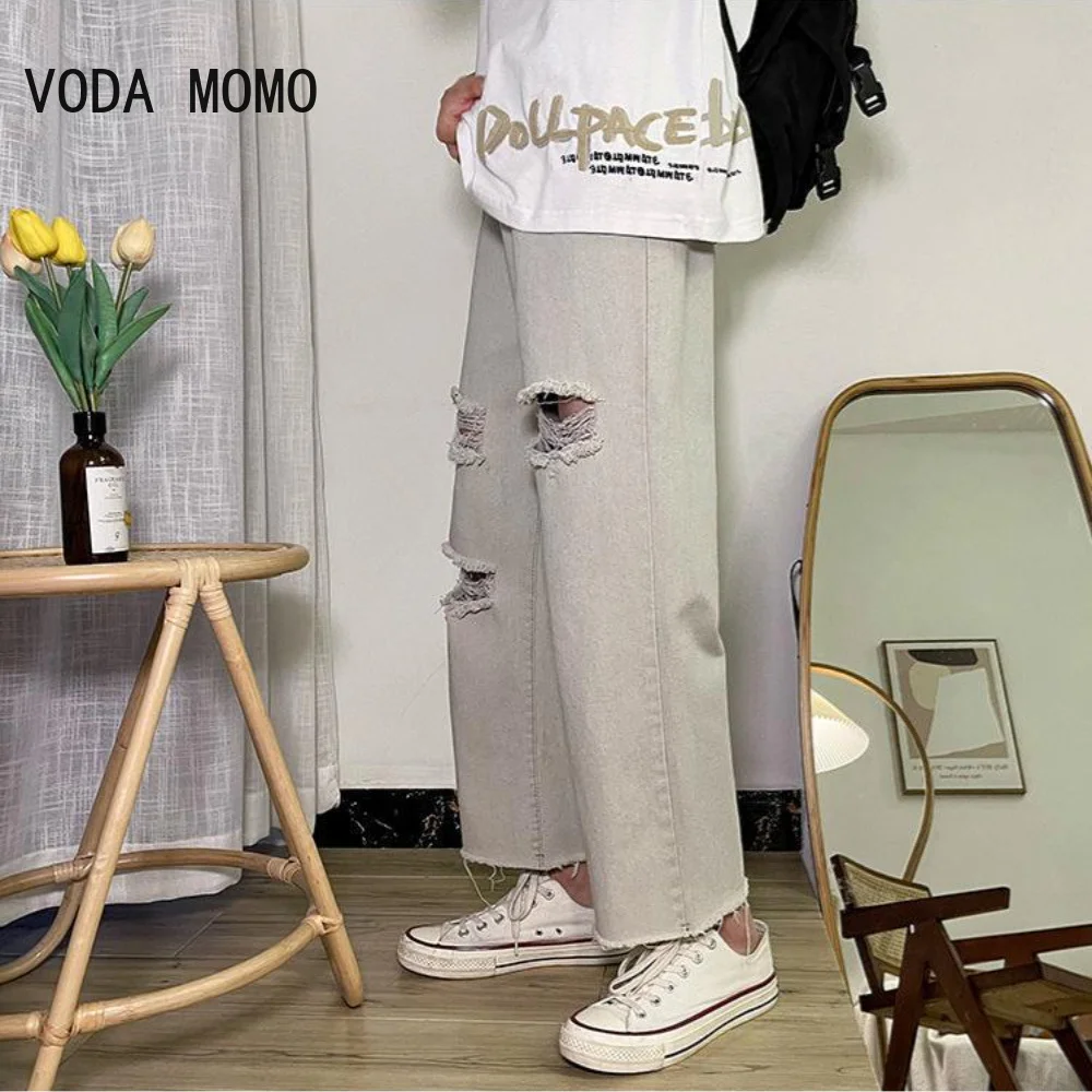 Men Jeans Ripped Hole Skinny Trousers Fashion Streetwear Letter Funny Pattern 3D Print Slim Hip Hop Denim Gray Jean