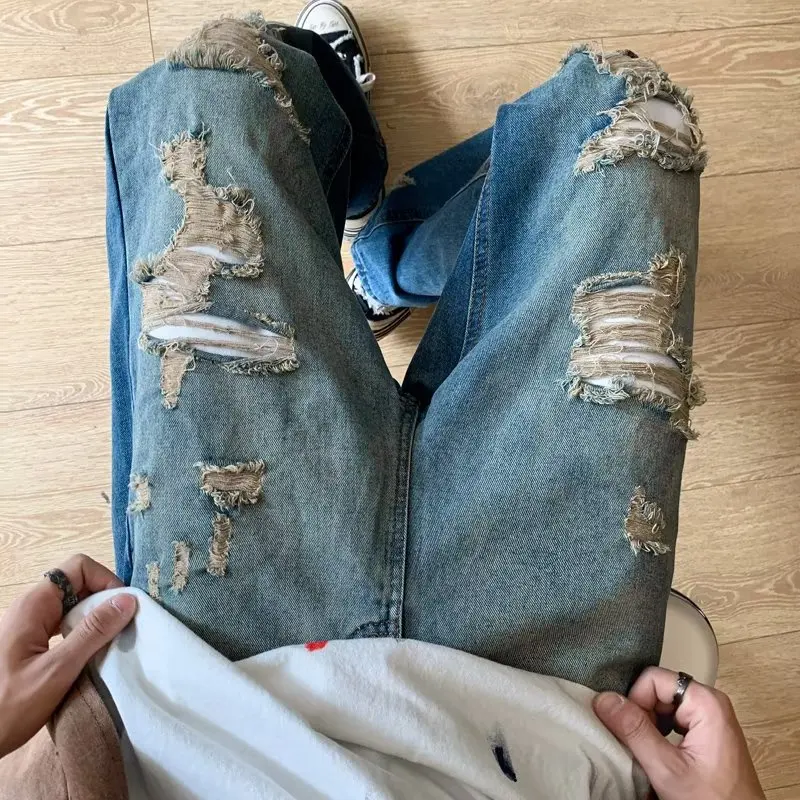 Streetwear Spring Thin Men's Jeans  Wide Leg Casual Pants and Handsome Straight Tube Loose Fitting Trendy Jeans Homme