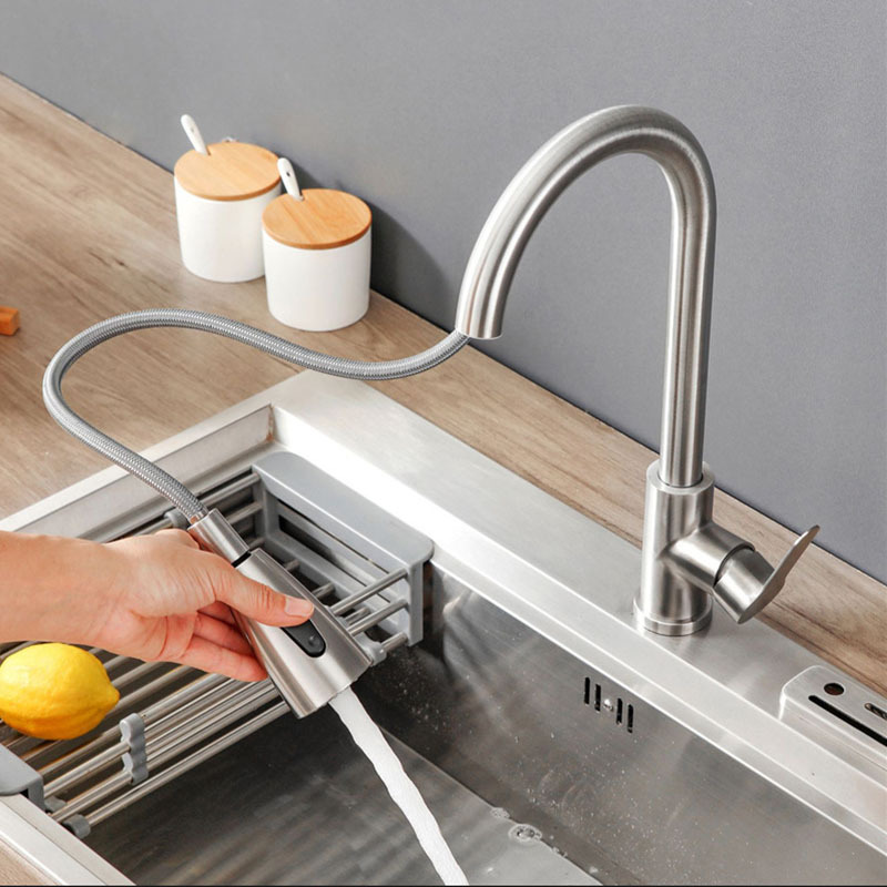 Stainless steel kitchen faucet single hole pull-out spout kitchen sink faucet flow nozzle 360 ​​rotating cleaning faucet 2025
