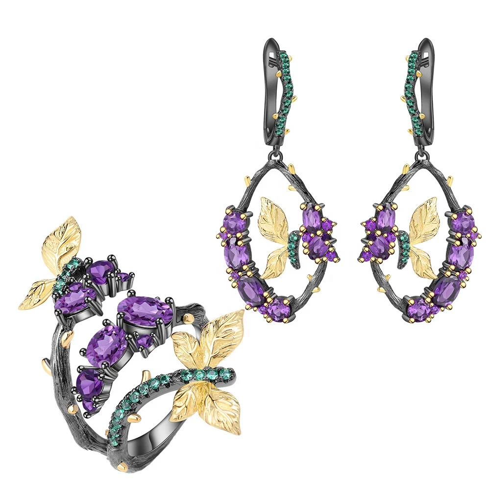 

C7749 Handmade 925 Sterling Silver Jewelrt Set Purple Amethyst Gemstone Butterfly Dangle Earrings Adjustable Ring
