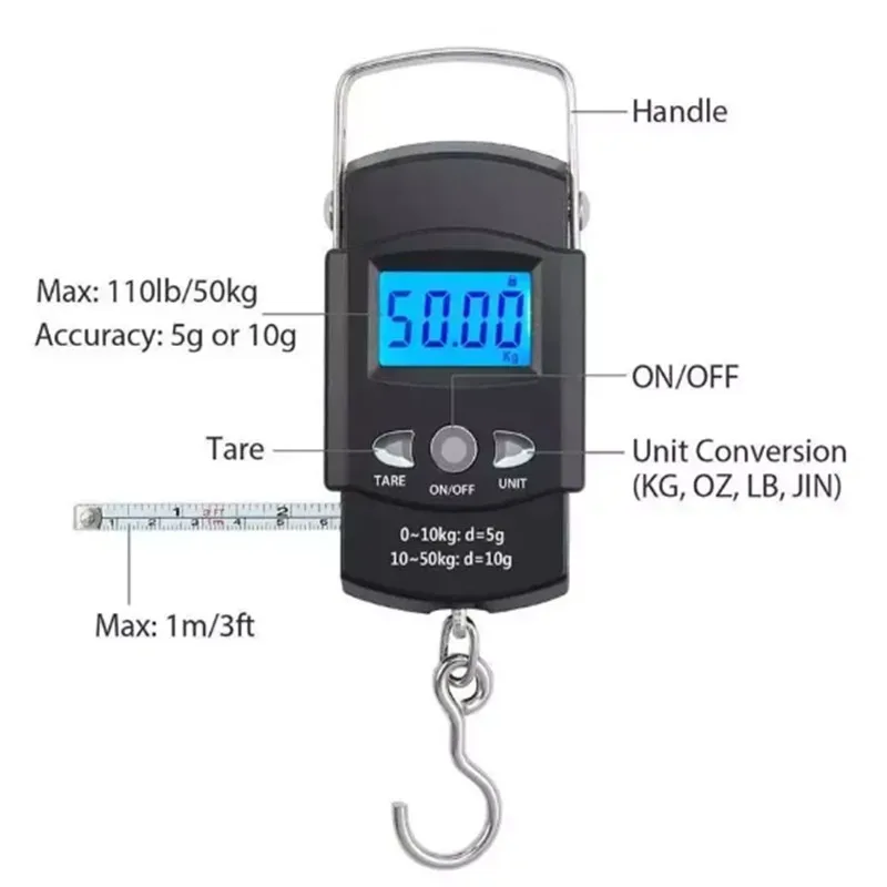Portable LCD Electronic Hand Scale Travel Hanging Scale with 100cm Long Retractable Measuring Tape 50kg/10g portable scale hanging scale