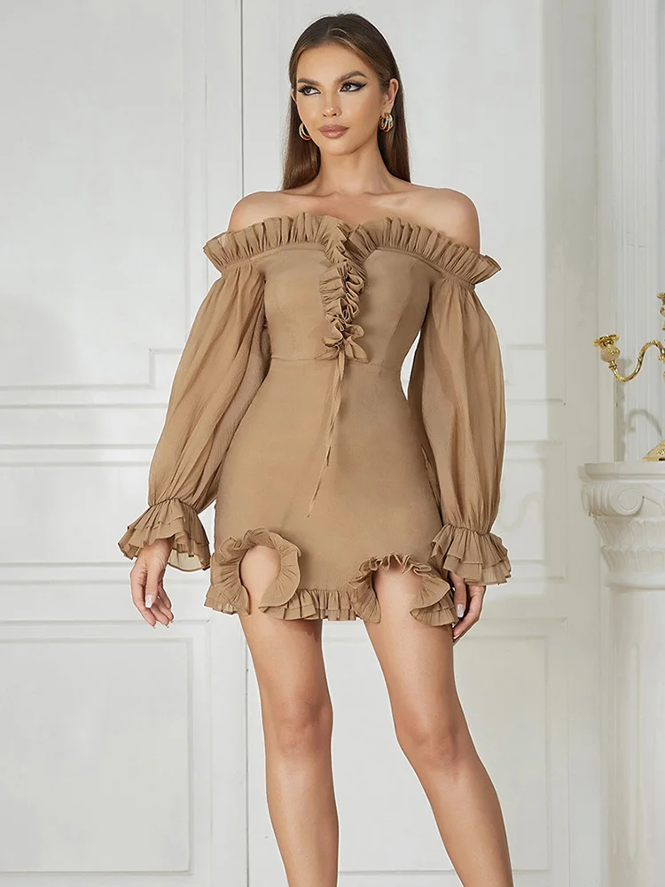 

Elegant Long Puff Sleeve Off Shoulder Women Mini Dresses Summer Sexy Slash Neck Ruffles Bodycon Celebrity Evening Party Dress