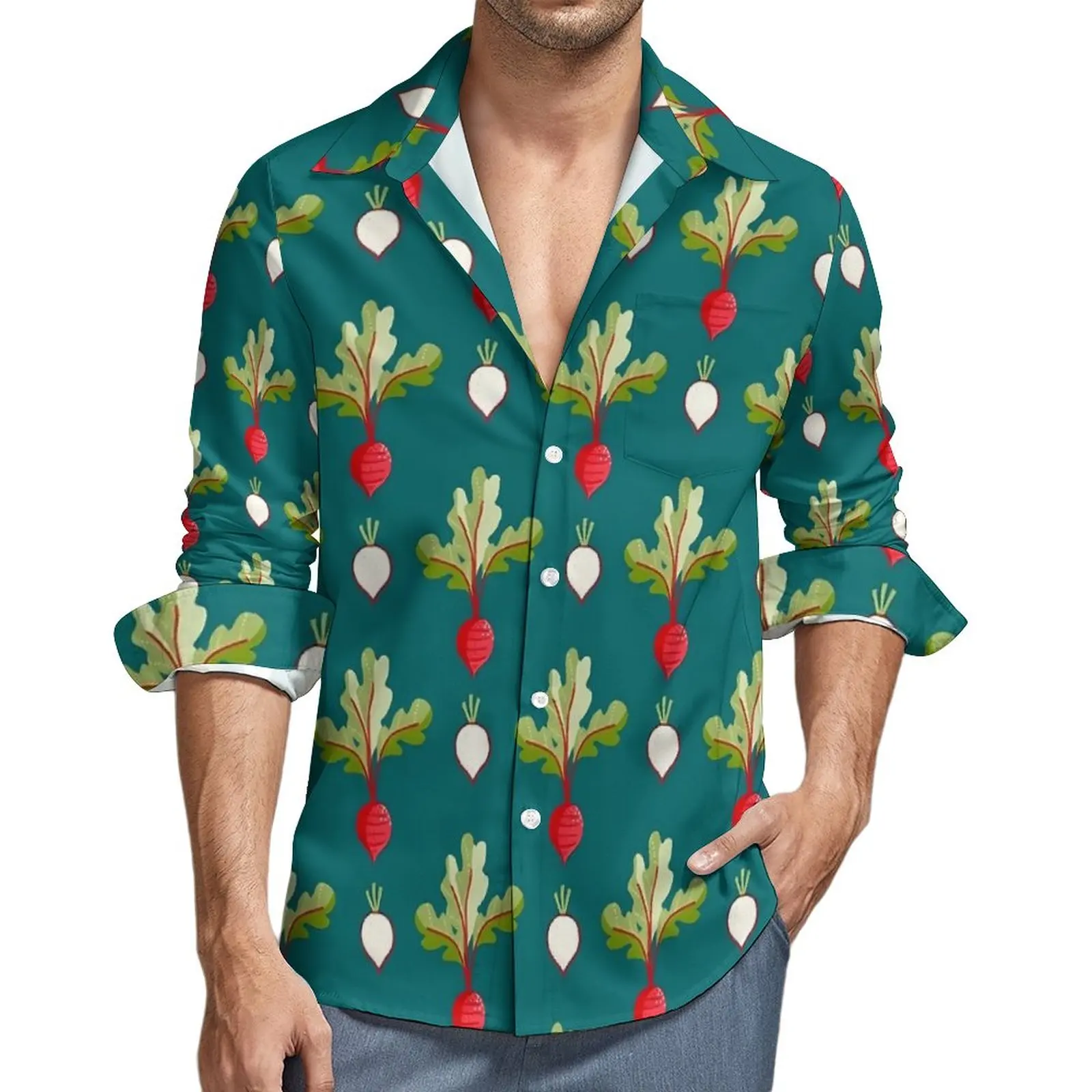 

Radishes Print Harajuku Casual Shirt Men Red And White Shirt Autumn Vintage Blouses Long Sleeve Graphic Oversized Clothing