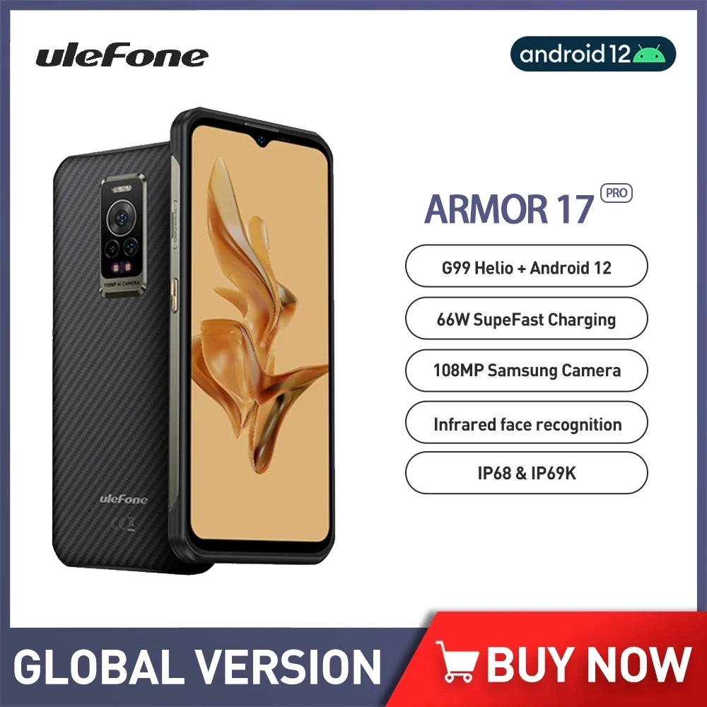 Ulefone Armor 17 Pro Rugged Phones Night Vision Camera 6.58 8GB+256GB Helio G99 Mobile Phone 108MP Android 12 66W 5380mAh NFC