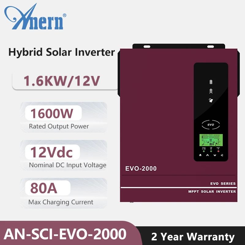 Inverter Solare Ibrido Mppt 12V 24V 1.6Kw 3Kw Inverter Solare A Onda Sinusoidale Pura 2000Va 1600W 80A 450V Pv Input Controller Solare