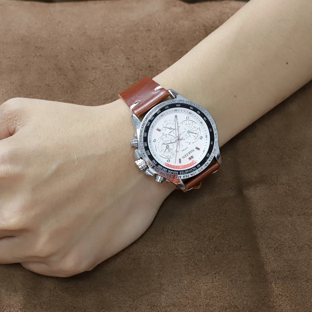 Vintage Genuine Leather Watchband 22mm Women Men Cowhide Handmade Stitching Watch Band Strap Accessories