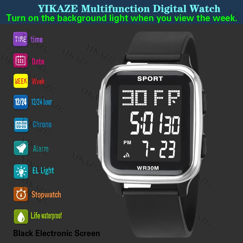 YIKAZE Sports Men Watch 3Bar Waterproof Calendar Countdown LED Electronic Wristwatches Clock Digital Watch for Man Student Kids