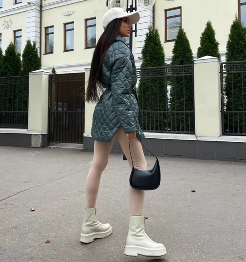 

2022 Slim Straps Lapel Long-Sleeved Plaid Long Personalized Cotton Jacket Female Winter Tops
