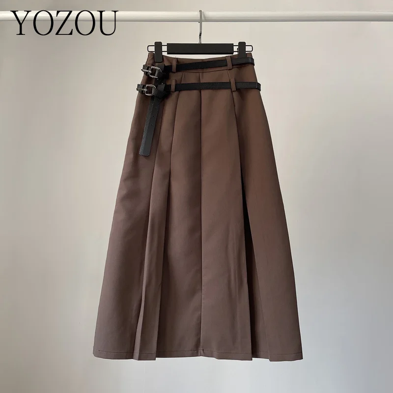 

[YOZOU] Женская винтажная высококачественная черная, серая, коричневая шикарная элегантная офисная длинная Плиссированная юбка макси, женские корейские брюки с поясом