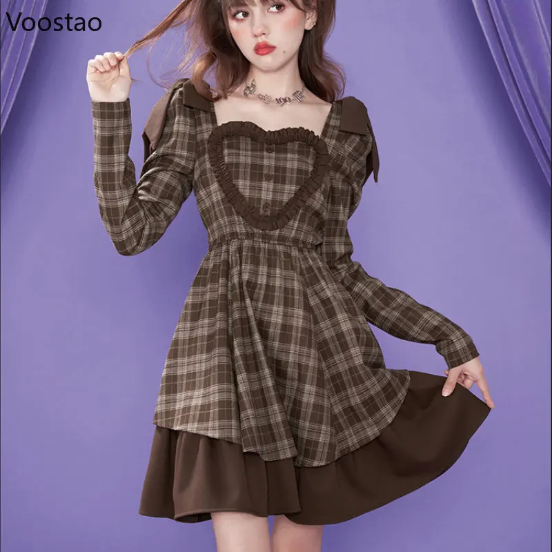 

Spring Sweet Women Plaid Dress Kawaii Hearts Puff Sleeve Slim Party Dresses Autumn Girls Casual Square Collar Ruffles Mini Dress